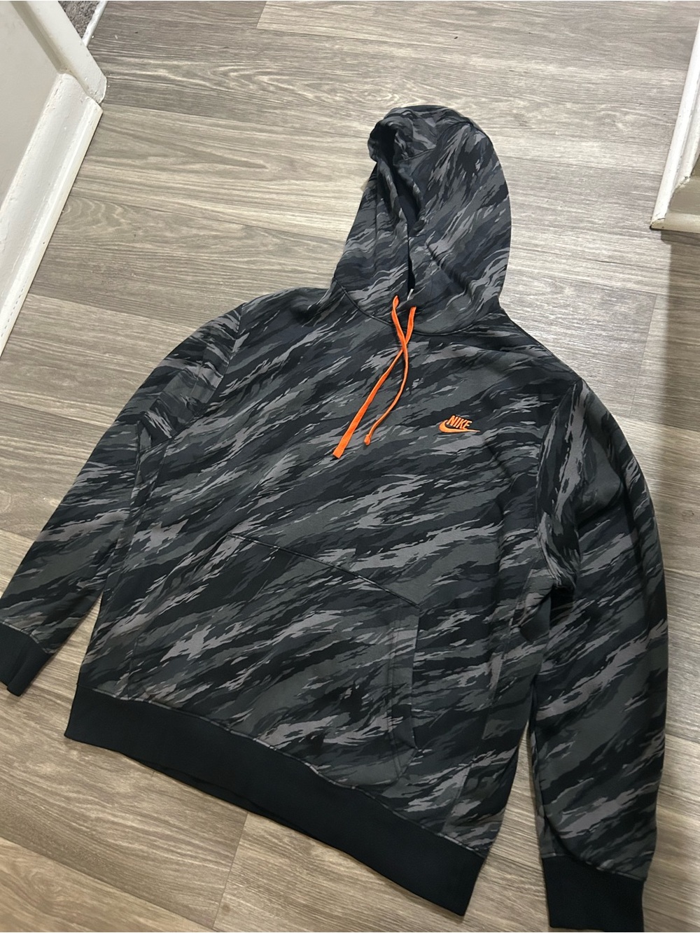 Nike Gray & Black Patterned Hoodie with Orange Accents